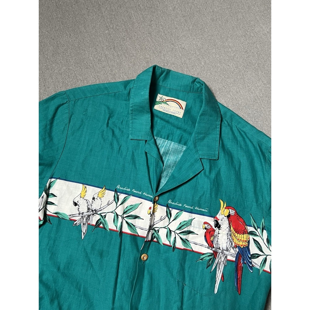 Paradise Found Shirt Mens Green Tropical Hawaiian Macaw Print Button Up USA Vtg